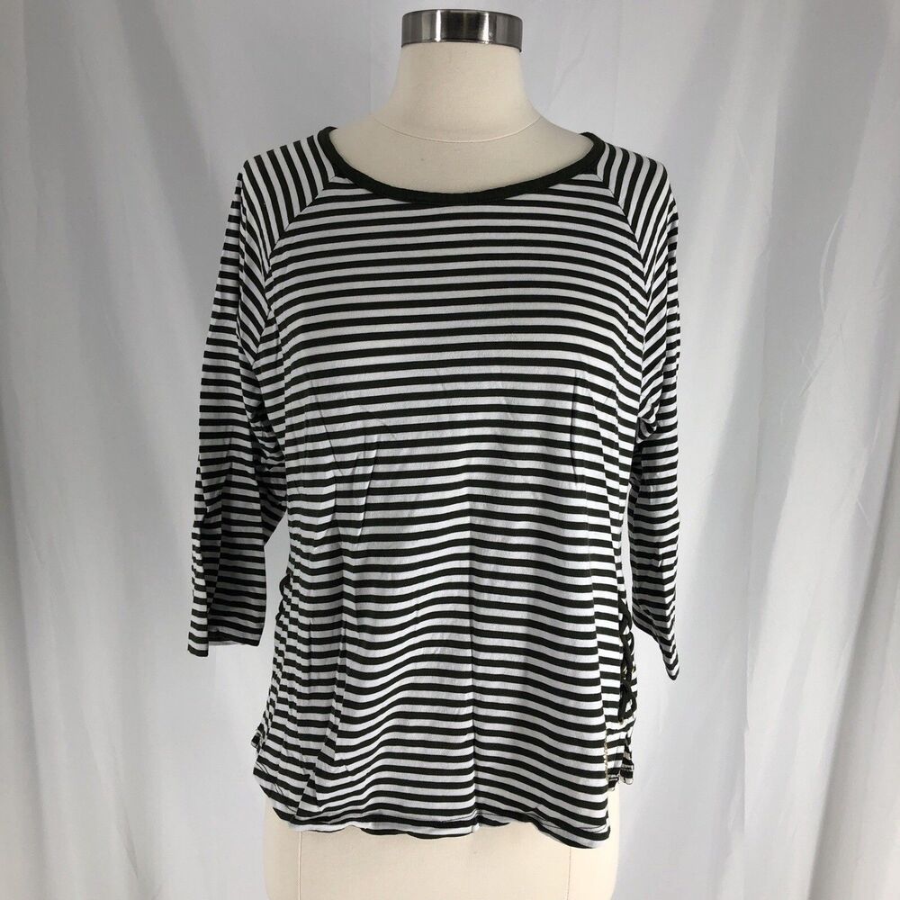 Michael Kors Green White Striped Round Neck Side Lace Up  3/4 Sleeve Tee